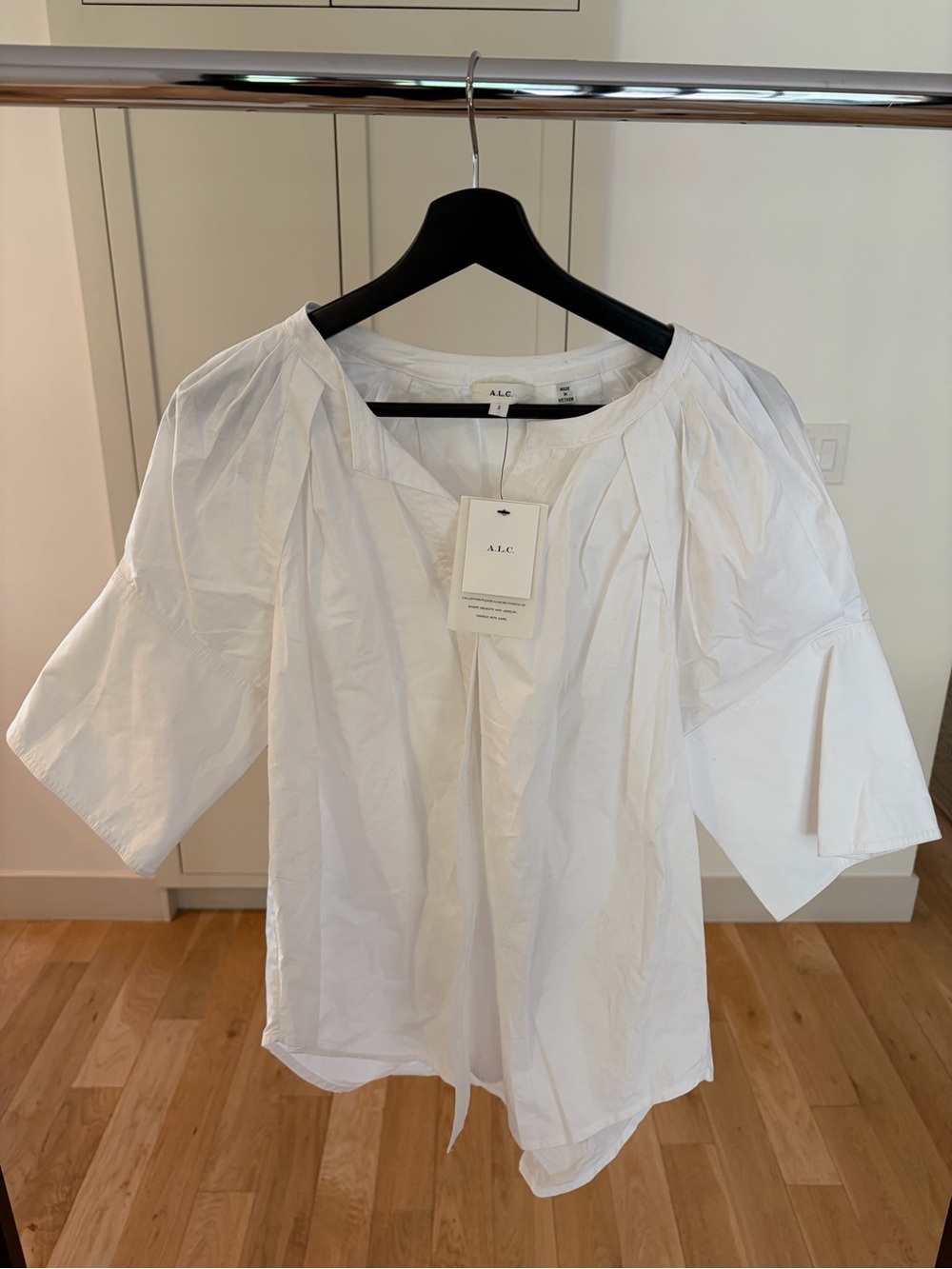 NWT 100% Cotton A.L.C. Women's White Pleated Puff Sleeve Blouse